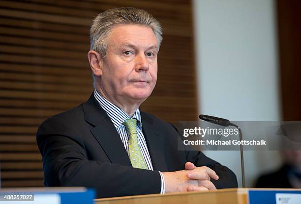 European Commissioner for Trade, Karel De Gucht, attends a meeting with the press after a panel discussion on Transatlantic Free Trade Agreement in...