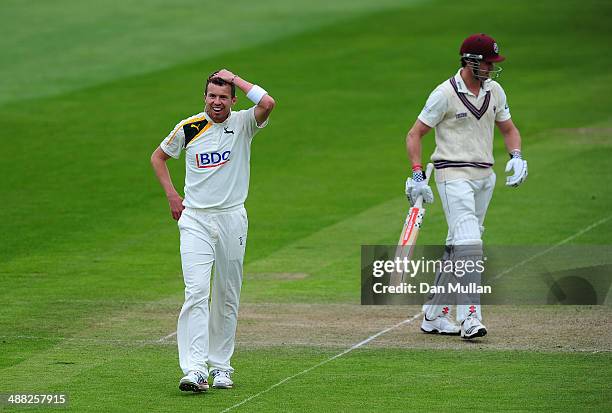 Peter Siddle of Nottinghamshire reacts after having his appeal for the wicket of Nick Compton of Somerset turned down during day two of the LV County...