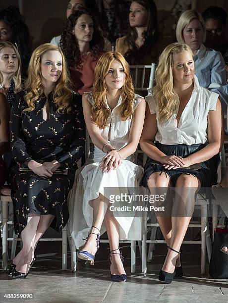 Christina Hendricks, Bella Thorne and Amy Schumer attend the Zac Posen Spring 2016 fashion show during New York Fashion Week at Vanderbilt Hall at...