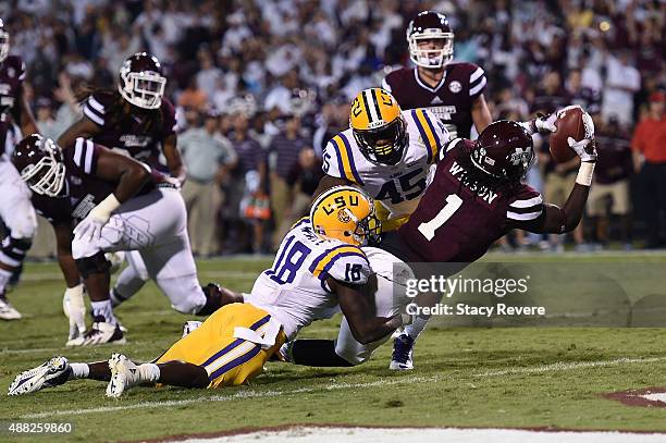 De'Runnya Wilson of the Mississippi State Bulldogs catches a pass in front of Tre'Davious White of the LSU Tigers for a touchdown during a game at...