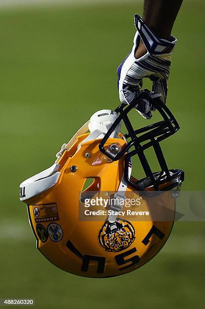Detailed view of an LSU Tigers helmet prior to a game against the Mississippi State Bulldogs at Davis Wade Stadium on September 12, 2015 in...