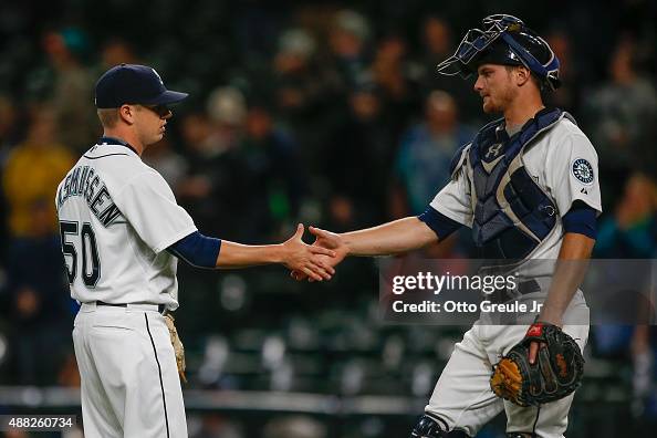Rob Rasmussen Baseball Relief pitcher Rob Rasmussen of the Seattle Mariners is congratulated ...