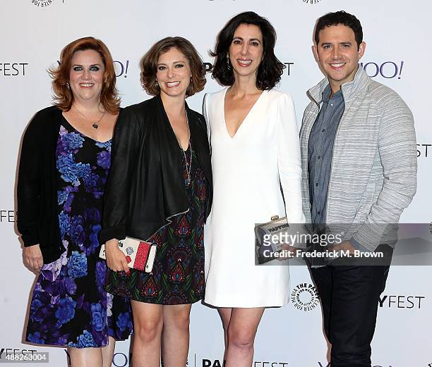 Actress Donna Lynne Champlin, Rachel Bloom, Aline Brosh McKenna, and Santino Fontana of the television show "Crazy Ex-Girlfriend" attend The Paley...