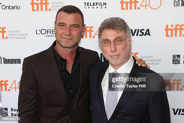 Liev Schreiber plays Marty Baron and they pose together at the premiere of "Spotlight" at Princess of Wales Theatre during the 2015 Toronto...