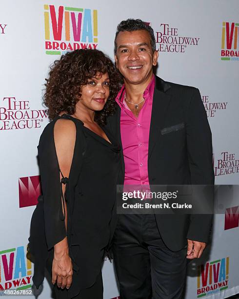 Maria Torres and Sergio Trujillo pose for photographs during the post show cast party following "Gloria Estefan And Miami Sound Machine: A Benefit...