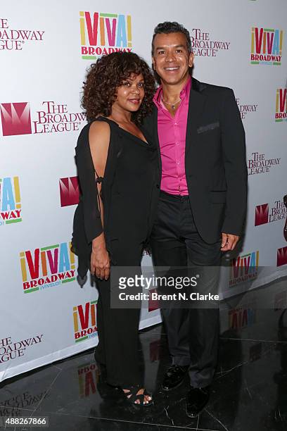 Maria Torres and Sergio Trujillo pose for photographs during the post show cast party following "Gloria Estefan And Miami Sound Machine: A Benefit...
