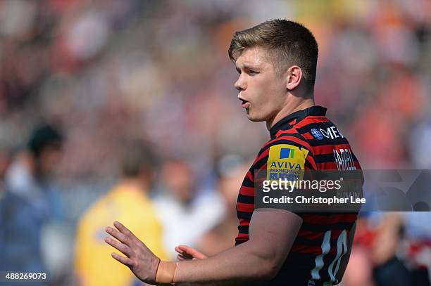 Owen Farrell of Saracens in action during the Aviva Premiership match between Saracens and Worcester Warriors at Allianz Park on May 3, 2014 in...