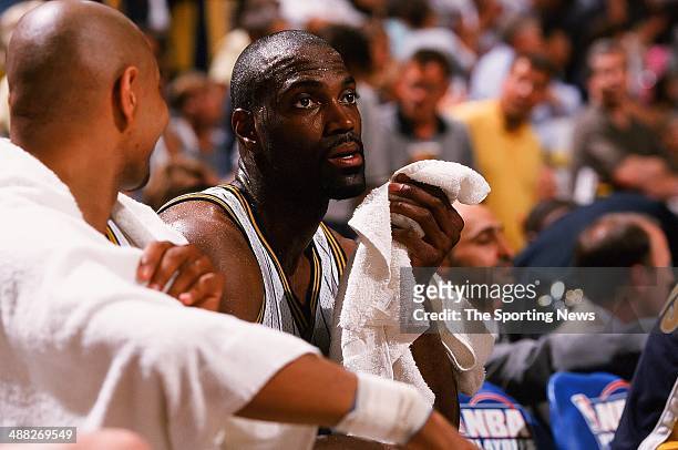 Dale Davis of the Indiana Pacers looks on against the New York Knicks during Game Five of the Eastern Conference Finals on June 9, 1999 at Market...
