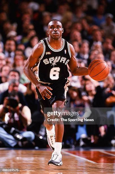 Avery Johnson of the San Antonio Spurs during Game Three of the NBA Finals against the New York Knicks on June 21, 1999 at Madison Square Garden in...