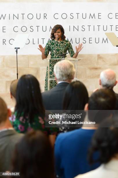 First Lady of the United States Michelle Obama speaks onstage at the Anna Wintour Costume Center Grand Opening at the Metropolitan Museum of Art on...