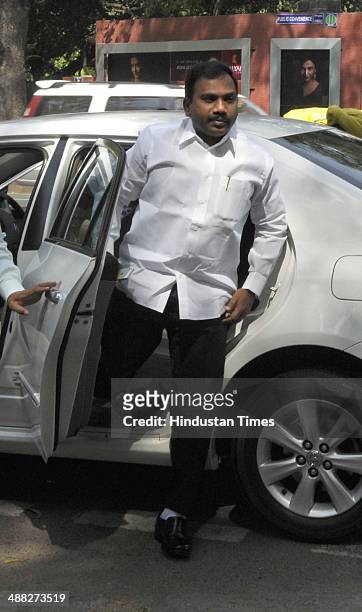 Former Telecom Minister A Raja arrives at Patiala court in the 2G spectrum allocation scam, on May 5, 2014 in New Delhi, India. A special CBI court...