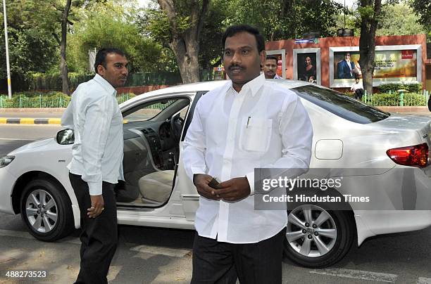 Former Telecom Minister A Raja arrives at Patiala court in the 2G spectrum allocation scam, on May 5, 2014 in New Delhi, India. A special CBI court...