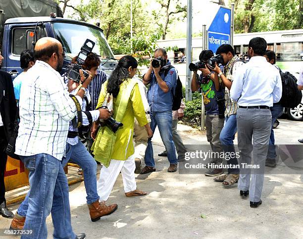 Political party MP Kanimozhi coming out at Patiala court in the 2G spectrum allocation scam, on May 5, 2014 in New Delhi, India. A special CBI court...