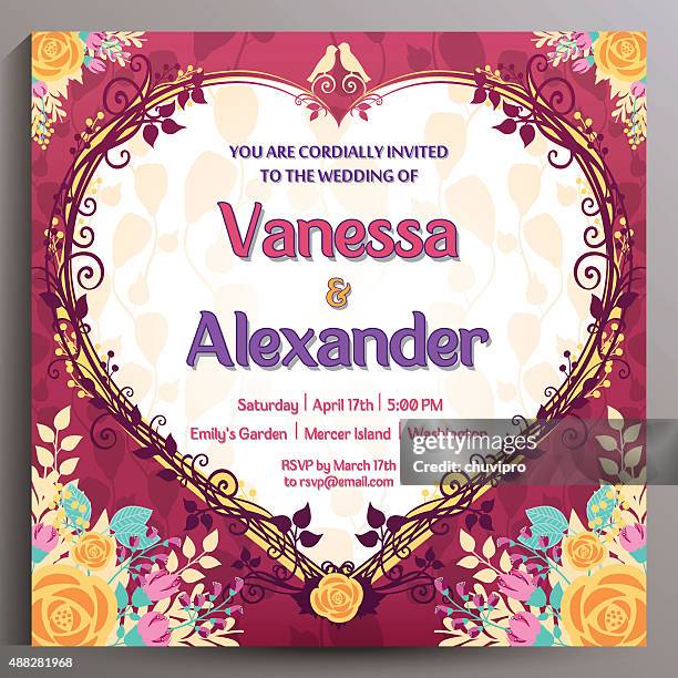 romantic wedding invitation. floral square card 14.5 cm - rose bush stock illustrations