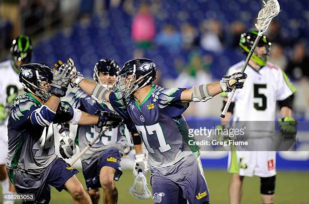 Stephen Peyser of the Chesapeake Bayhawks celebrates after scoring the game winning goal in overtime against the New York Lizards at Navy-Marine...