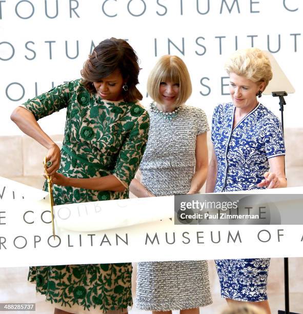 First Lady of the United States Michelle Obama, Vogue Editor in Chief Anna Wintour and Metropolitan Museum of Art President Emily K. Rafferty attend...
