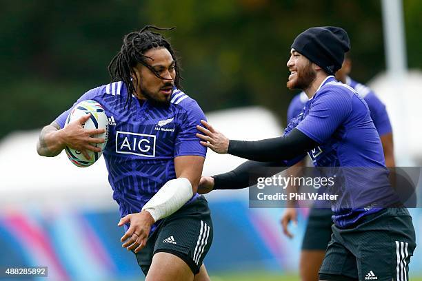 Maa Nonu of the All Blacks runs the ball during a New Zealand All Blacks training session at Lensbury on September 15, 2015 in London, United Kingdom.