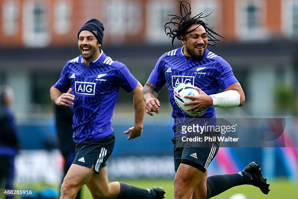 Maa Nonu of the All Blacks runs the ball during a New Zealand All Blacks training session at Lensbury on September 15, 2015 in London, United Kingdom.
