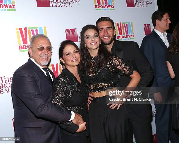 Emilio Estefan, Gloria Estefan, Ana Villafane and Josh Segarra pose for photographs during the post show cast party following their benefit concert...