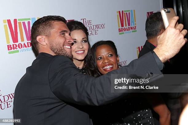 Josh Segarra and Ana Villafane take a selfie with Colleen Jennings-Roggensack during the post show cast party following "Gloria Estefan And Miami...