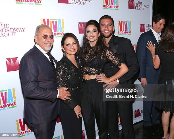 Emilio Estefan, Gloria Estefan, Ana Villafane and Josh Segarra pose for photographs during the post show cast party following their benefit concert...