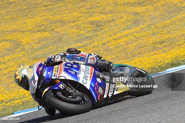 Karel Abraham of the Czech Republic and Cardion AB Motoracing rounds the bend during the MotoGp tests at Circuito de Jerez on May 5, 2014 in Jerez de...