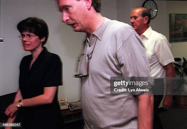 Bruce VanderJagt's widow, Anna, leaves the Denver DA's office after a press conference. Lisl Auman was found guilty a short time before this press...