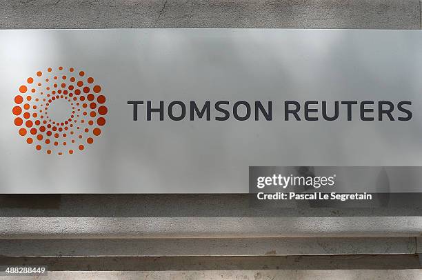 The corporate logo of Thomson Reuters is pictured on May 5, 2014 in Paris, France.