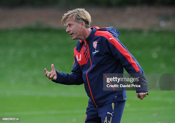 Andries Jonker the Arsenal Academy Director coaches the U19 during the U19 training session at London Colney on September 15, 2015 in St Albans,...