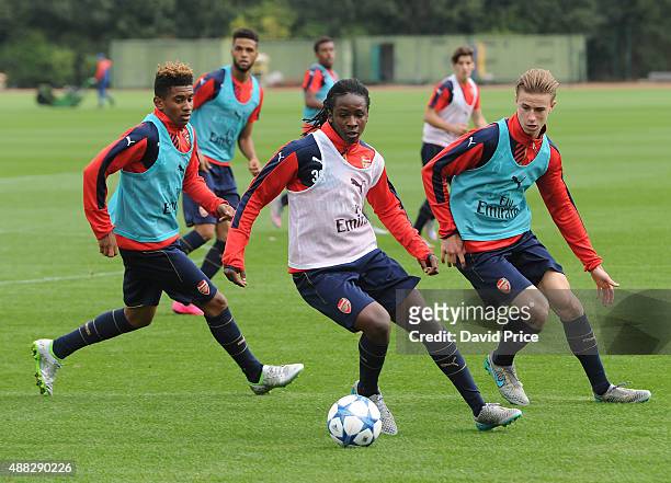 Riess Nelson, Tafari Moore and Ben Sheaf of Arsenal during the U19 training session at London Colney on September 15, 2015 in St Albans, England.