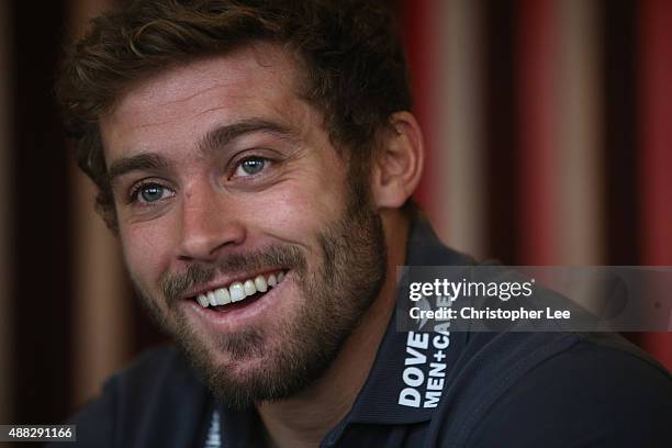 Leigh Halfpenny talks to the media at Royal Garden Hotel on September 15, 2015 in London, England.