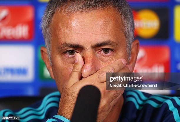 Chelsea manager Jose Mourinho chats to the media during a Chelsea Press Conference ahead of their Champions League fixture against Maccabi Tel Aviv...