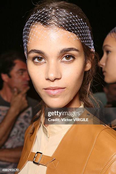 Pauline Hoarau backstage at the 3.1 Phillip Lim Spring Summer 2016 fashion show during the New York Fashion Week on September 14, 2015 in New York...