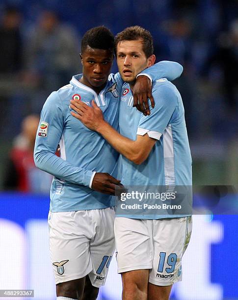 Senad Lulic with his teammate Balde Diao Keita of SS Lazio celebrates after scoring the second team's goal during the Serie A match between SS Lazio...