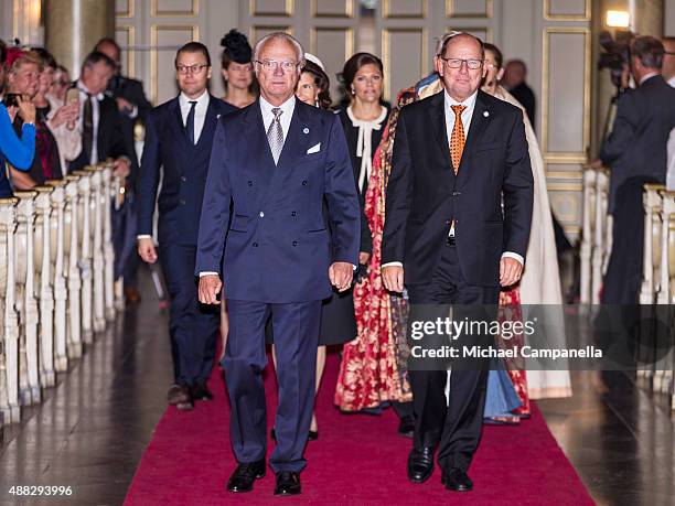 King Carl XVI Gustaf of Sweden arrives to the Church of St. Nicholas as the Swedish royal family attend a service in connection with the opening of...