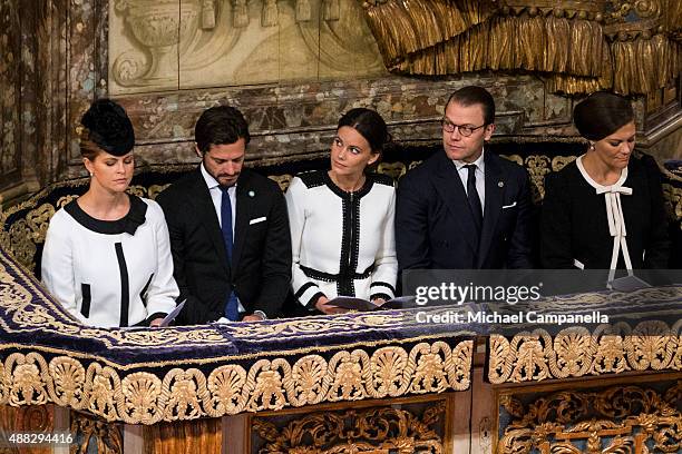 Princess Madeleine, Prince Carl Philip, Princess Sofia, Prince Daniel, and Crown Princess Victoria of Sweden attend a service at the Church of St....