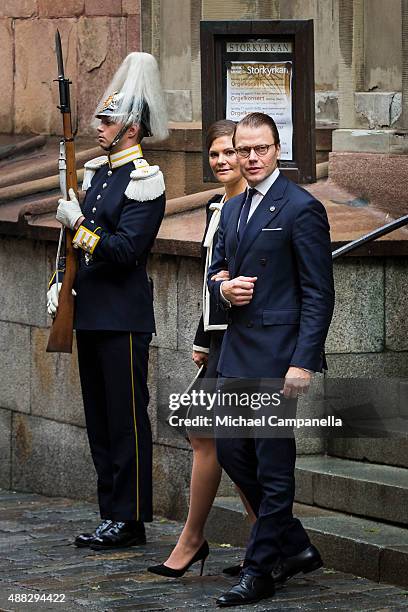 Crown Princess Victoria and Prince Daniel of Sweden depart after attending service at the Church of St. Nicholas in connection with the opening of...