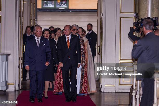 King Carl XVI Gustaf of Sweden arrives to the Church of St. Nicholas as the Swedish royal family attend a service in connection with the opening of...