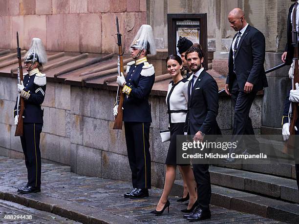 Princess Sofia and Prince Carl Phillip of Sweden depart after attending service at the Church of St. Nicholas in connection with the opening of the...