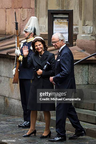 Queen Silvia and King Carl XVI Gustaf of Sweden depart after attending service at the Church of St. Nicholas in connection with the opening of the...