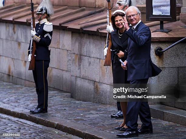 Queen Silvia and King Carl XVI Gustaf of Sweden depart after attending service at the Church of St. Nicholas in connection with the opening of the...