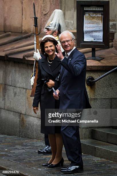 Queen Silvia and King Carl XVI Gustaf of Sweden depart after attending service at the Church of St. Nicholas in connection with the opening of the...