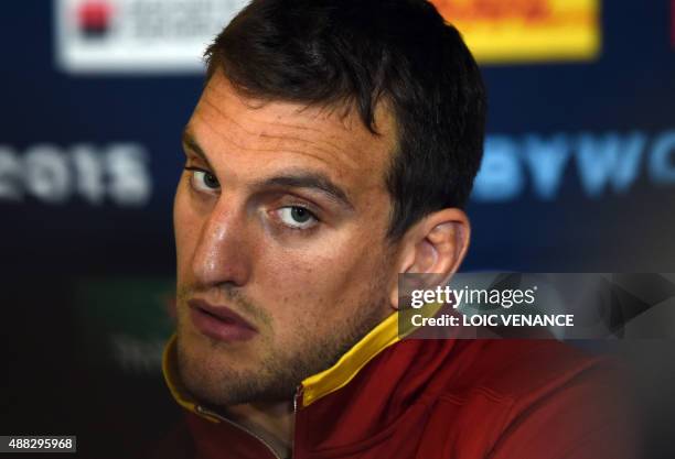 Welsh captain Sam Warburton takes part in a press conference in Hensol, south Wales, on September 15 ahead of the 2015 Rugby Union World Cup which...