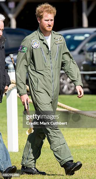 Prince Harry holds on to year old RAF veteranTom Neil's walking stick as he watches the Spitfires take off on the airfield at Goodwood Aerodrome...