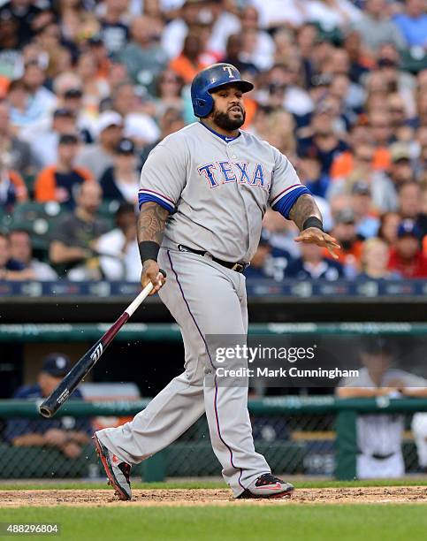 Prince Fielder of the Texas Rangers bats during the game against the Detroit Tigers at Comerica Park on August 22, 2015 in Detroit, Michigan. The...