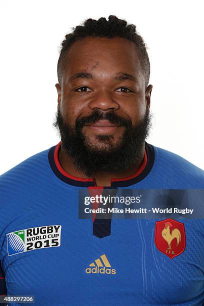 Mathieu Bastareaud of France poses during the France Rugby World Cup 2015 squad photo call at the Selsdon Park Hotel on September 15, 2015 in...