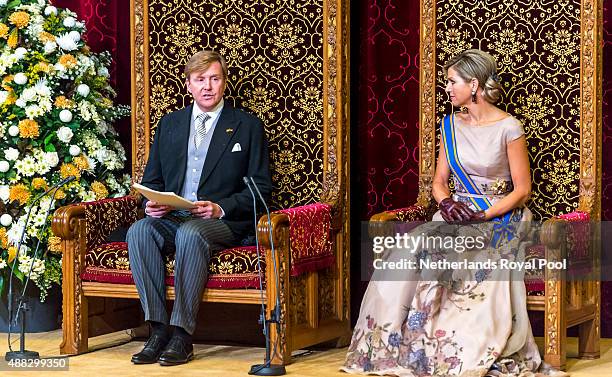 King Willem-Alexander of The Netherlands and Queen Maxima of The Netherlands attend the opening of the parliamentary year on September 15, 2015 in...