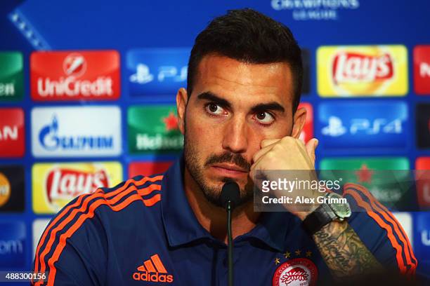 Goalkeeper Roberto attends a Olympiacos FC press conference ahead of their UEFA Champions League Group F match against Bayern Muenchen at Karaiskakis...