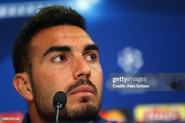 Goalkeeper Roberto attends a Olympiacos FC press conference ahead of their UEFA Champions League Group F match against Bayern Muenchen at Karaiskakis...