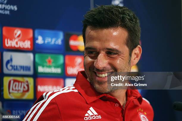 Head coach Marco Silva attends a Olympiacos FC press conference ahead of their UEFA Champions League Group F match against Bayern Muenchen at...